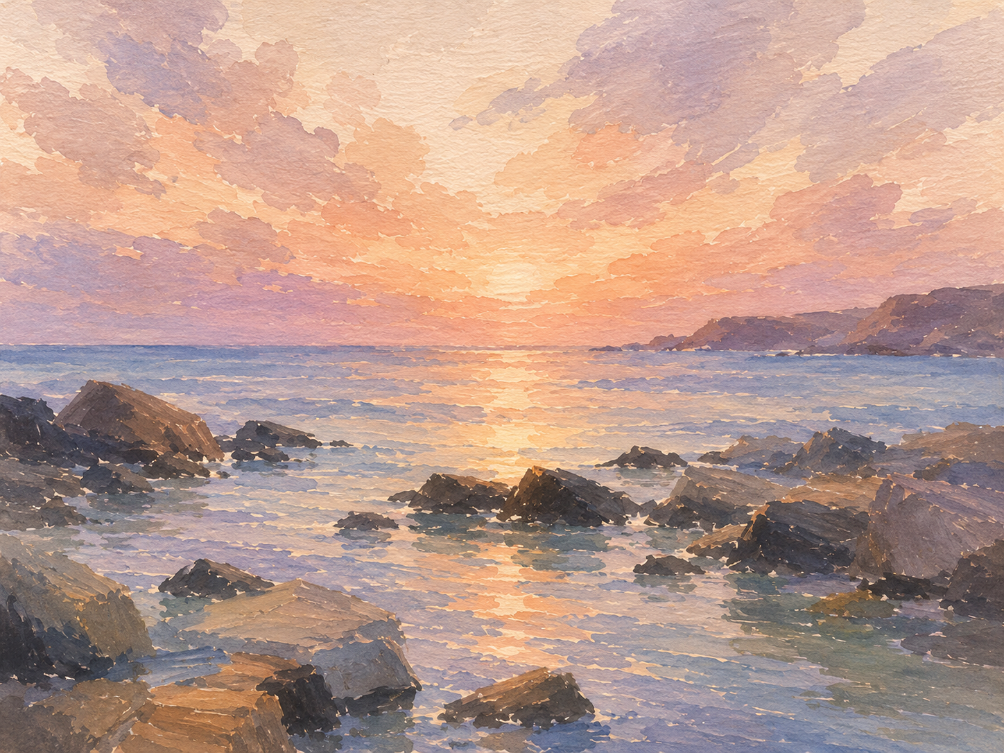 A watercolor painting of a coastal sunset with warm light reflecting on the water and rocks in the foreground