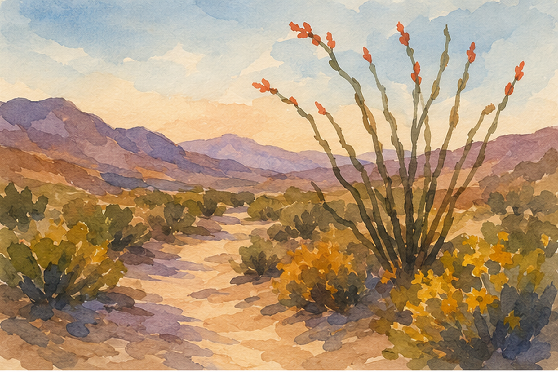 A soft watercolor of a quiet desert path with an ocotillo in bloom beneath calm mountains and open sky