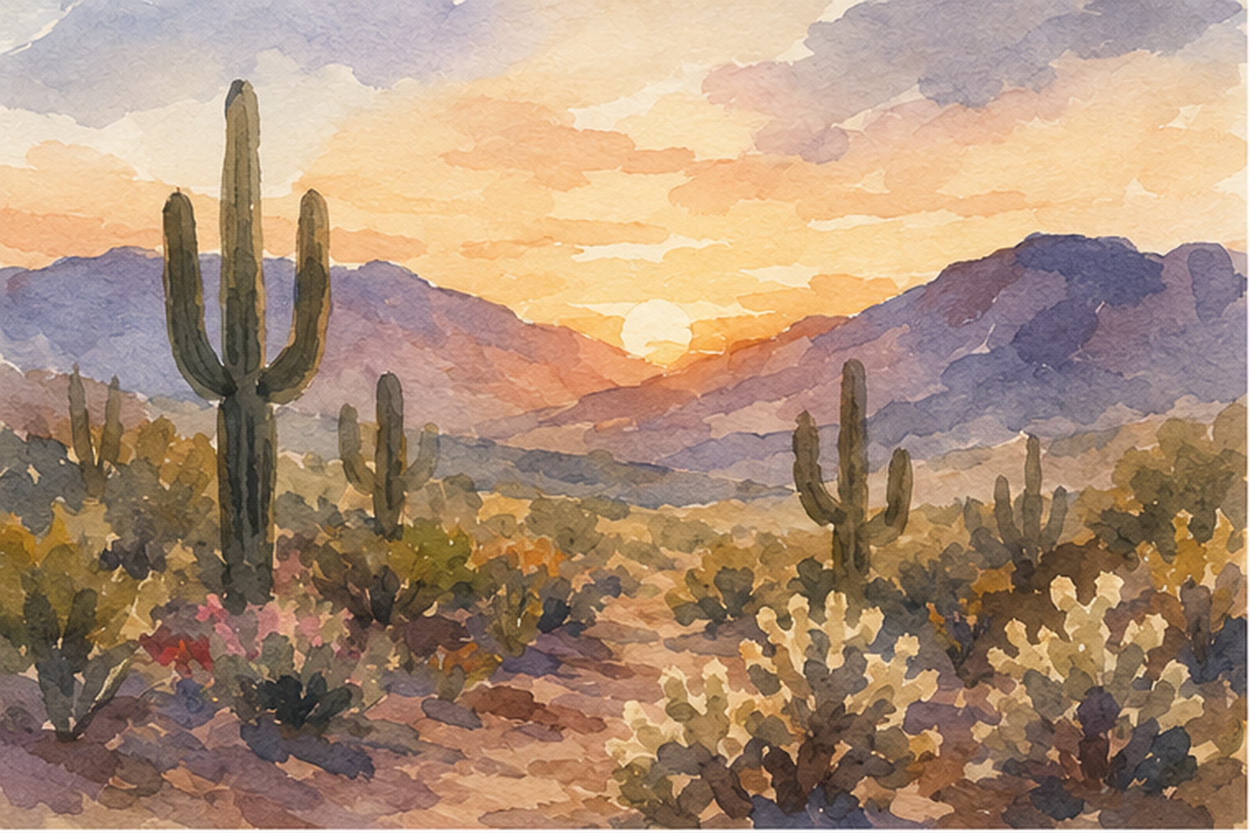 A watercolor painting of a desert valley at sunset with saguaro cactus and violet mountains beneath a golden sky