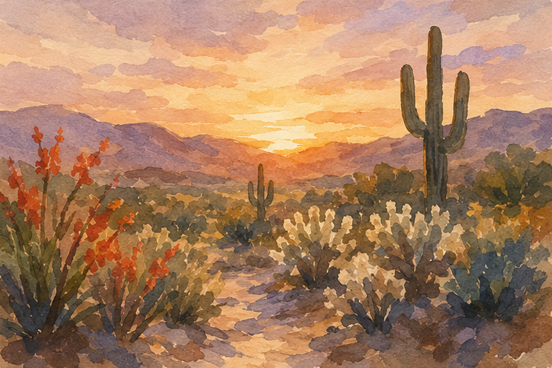 A watercolor painting of a desert at sunset with a saguaro and blooming ocotillo beneath layered mountains and warm sky