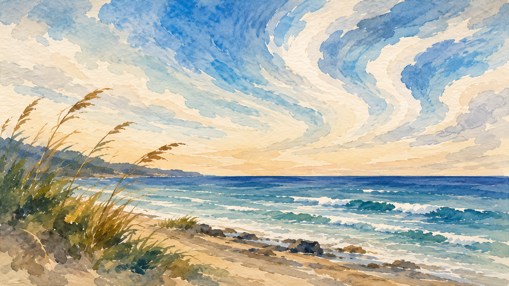 A soft watercolor of coastal dune grasses beside the sea beneath a wide, calm sky
